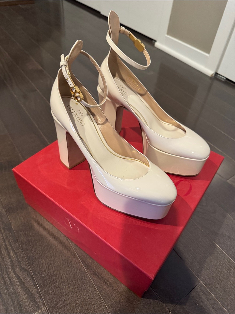Valentino Cream Patent Platform Block Heels with Ankle Strap